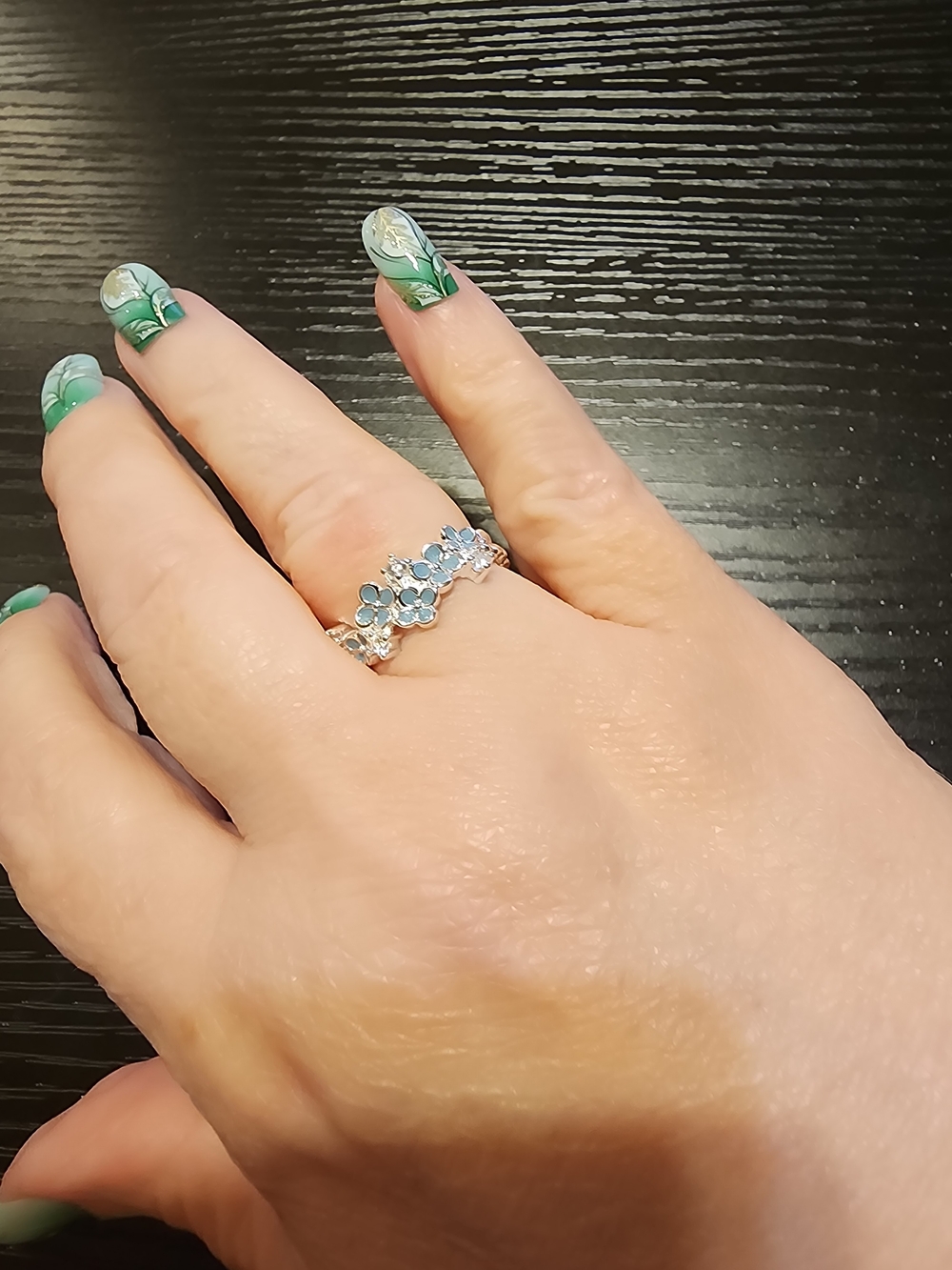 Sterling Silver Blue Enamel Floral Cluster Ring - Blue
